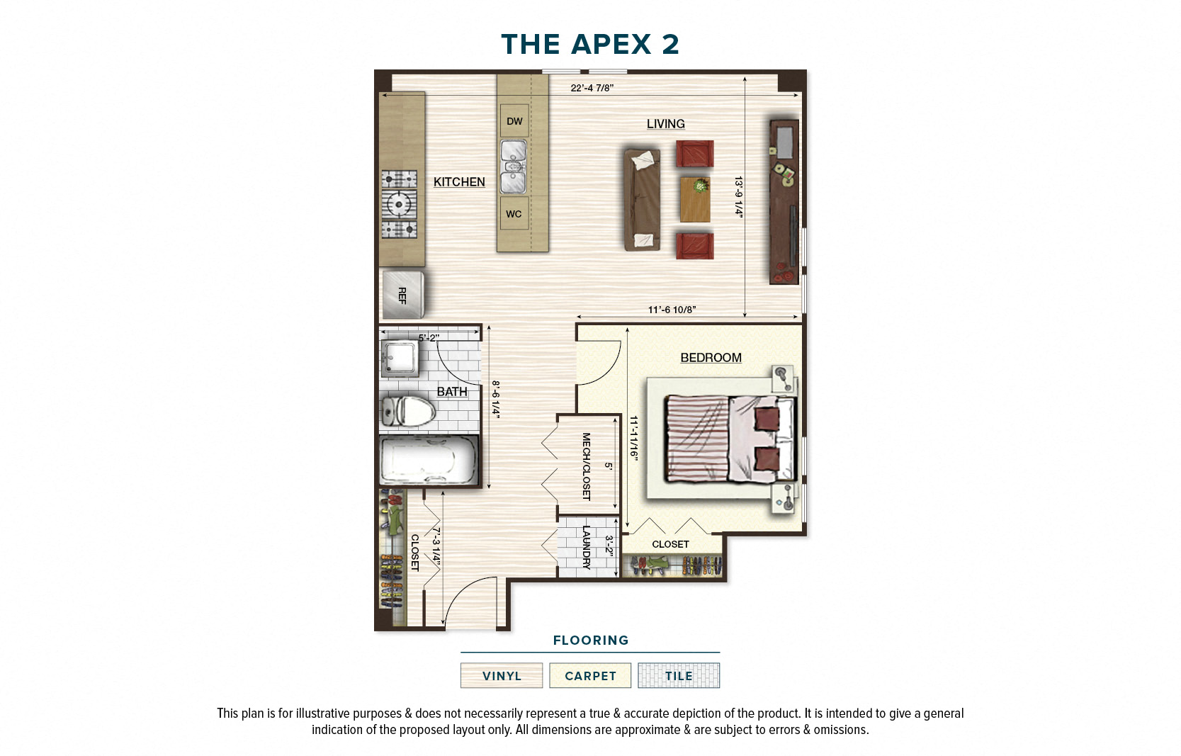 Floor plan for 1 bed, 1 bath, 655 sqft